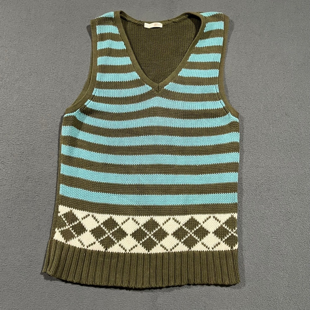 Y2K Old Navy Perfect Fit Cotton Sweater Vest Olive Green Blue Striped Argyle XXL